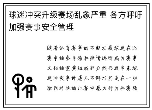球迷冲突升级赛场乱象严重 各方呼吁加强赛事安全管理