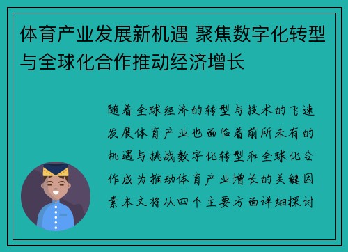 体育产业发展新机遇 聚焦数字化转型与全球化合作推动经济增长