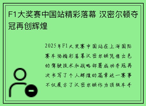 F1大奖赛中国站精彩落幕 汉密尔顿夺冠再创辉煌